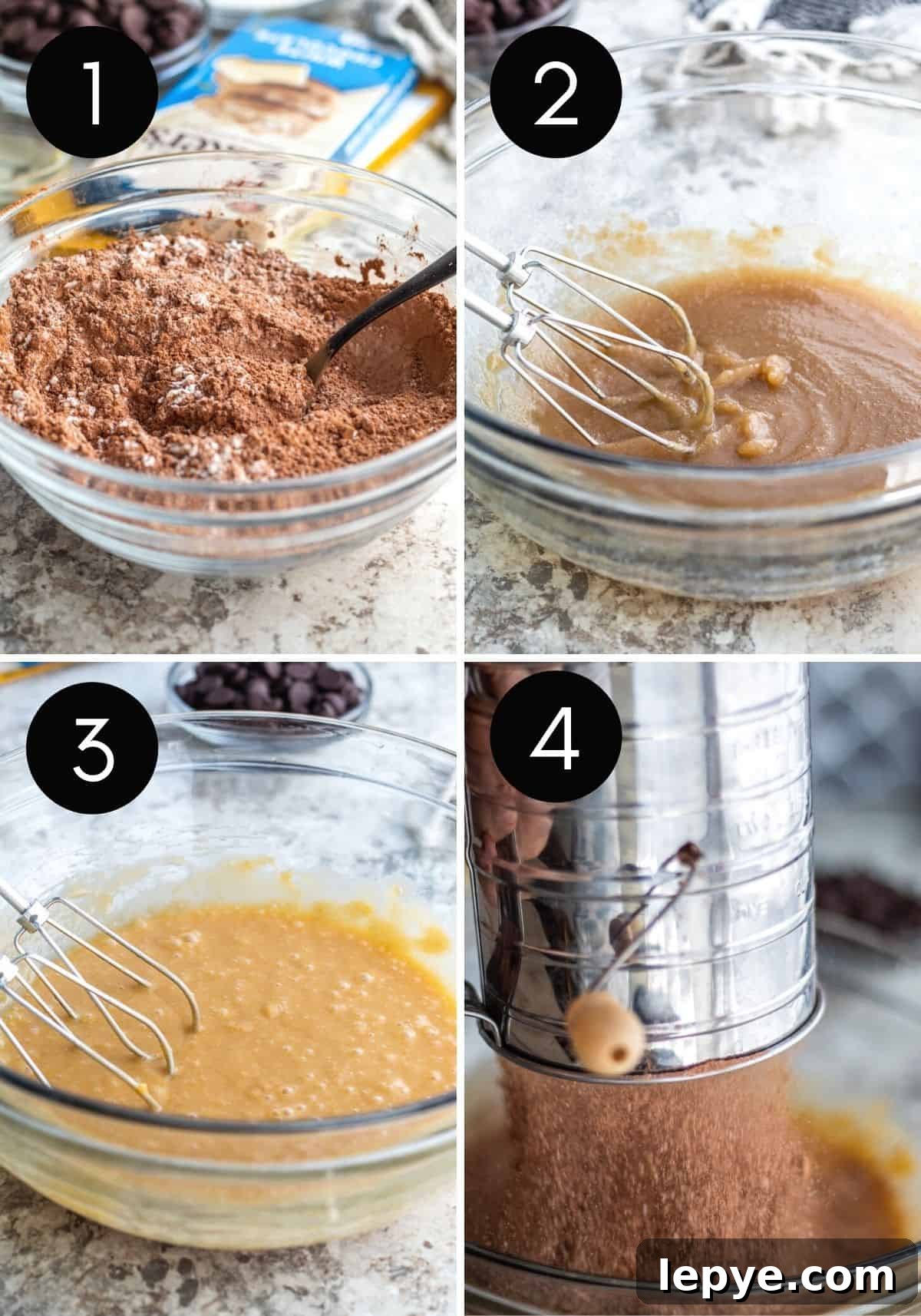 Gooey Chocolate Fudge Brownies with Rich Chocolate Drizzle 4 Four prep image collage showing brownie batter prep.