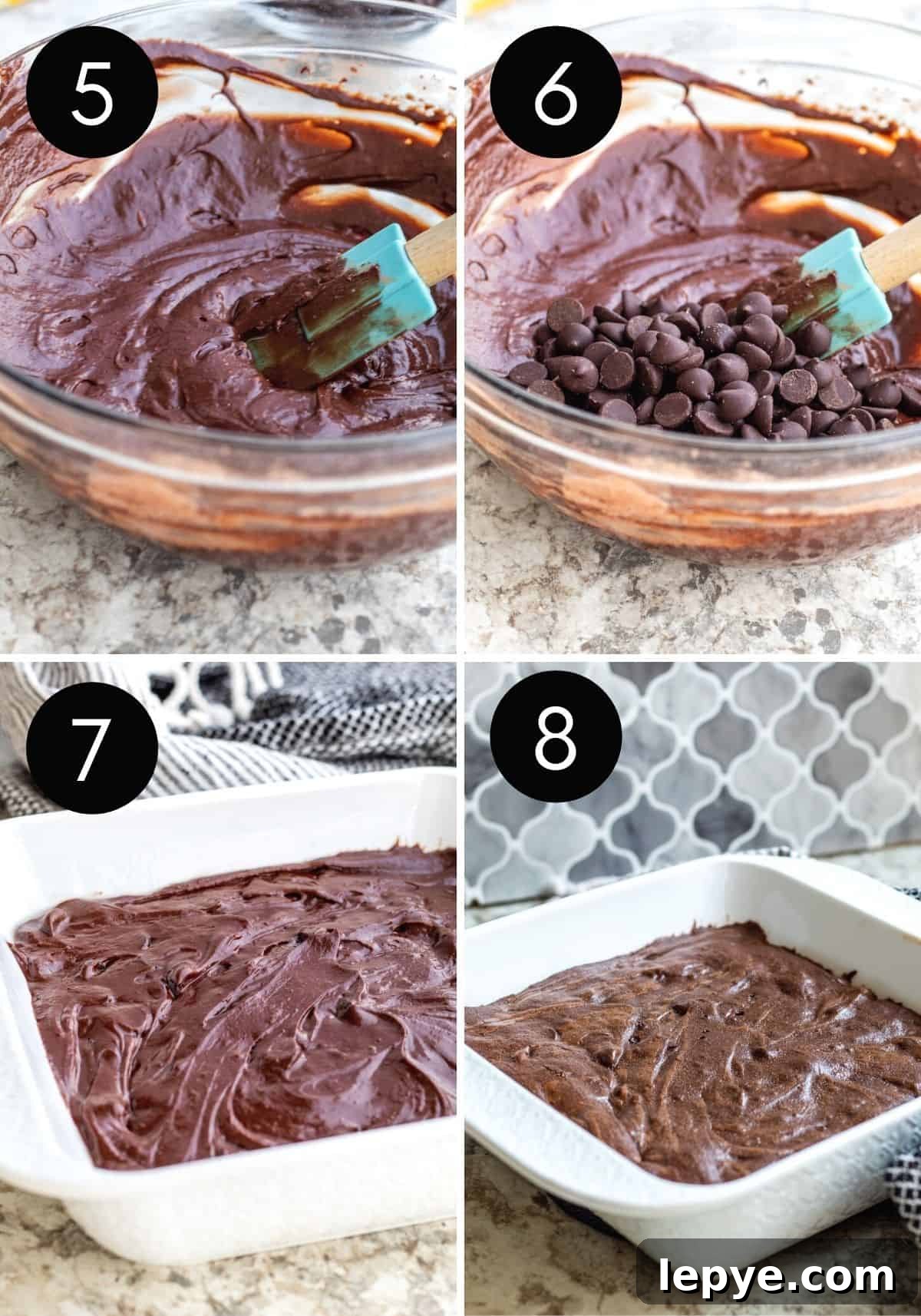 Gooey Chocolate Fudge Brownies with Rich Chocolate Drizzle 5 Four prep image collage showing end of brownie prep and baking brownies in white pan.