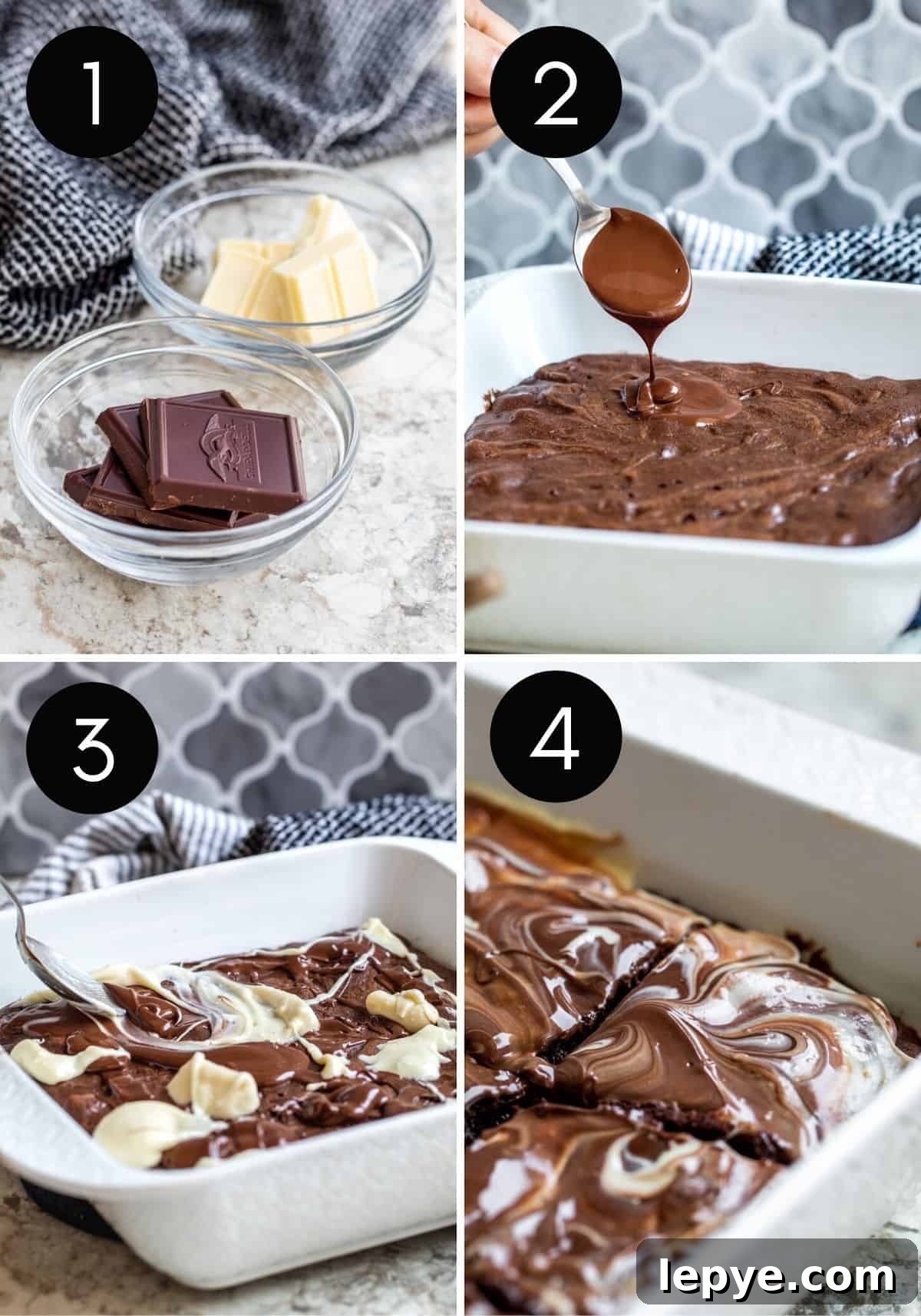 Gooey Chocolate Fudge Brownies with Rich Chocolate Drizzle 6 Chocolate topping prep image collate showing melted chocolate being spread on brownies.