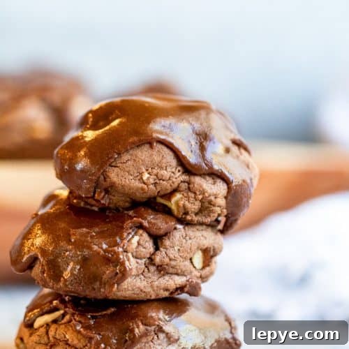 Stack of three chocolate cookies on counter.