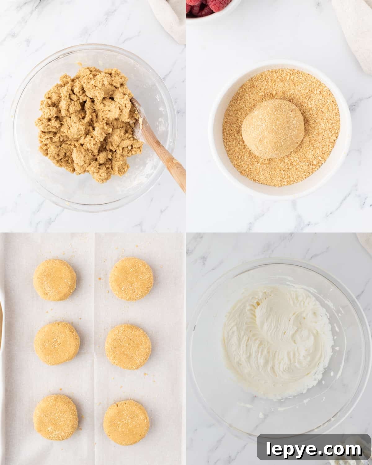 Raspberry Cheesecake Cookie Recipe — Soft, Jam-Filled Treats 4 Mixing together the dough for the cookies in a bowl, then rolling each dough ball in graham cracker crumbs before placing on a baking sheet to bake in the oven.