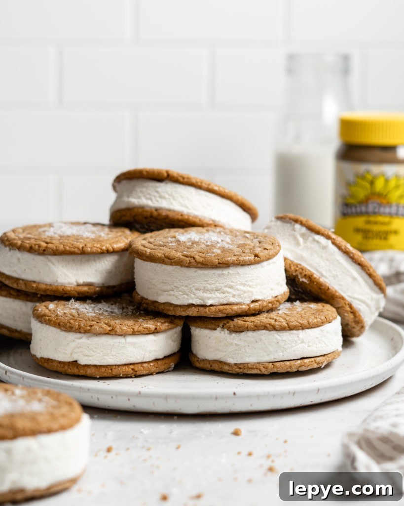 SunButter Cookie Ice Cream Sandwiches Recipe: Nut-Free Dessert Treat 3 SunButter Cookie Ice Cream Sandwiches using soft sunbutter cookies and vanilla ice cream