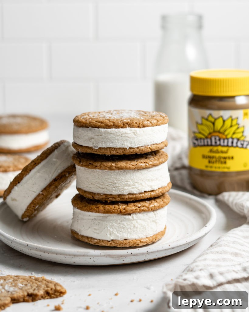 SunButter Cookie Ice Cream Sandwiches Recipe: Nut-Free Dessert Treat 6 SunButter Cookie Ice Cream Sandwiches using soft sunbutter cookies and vanilla ice cream