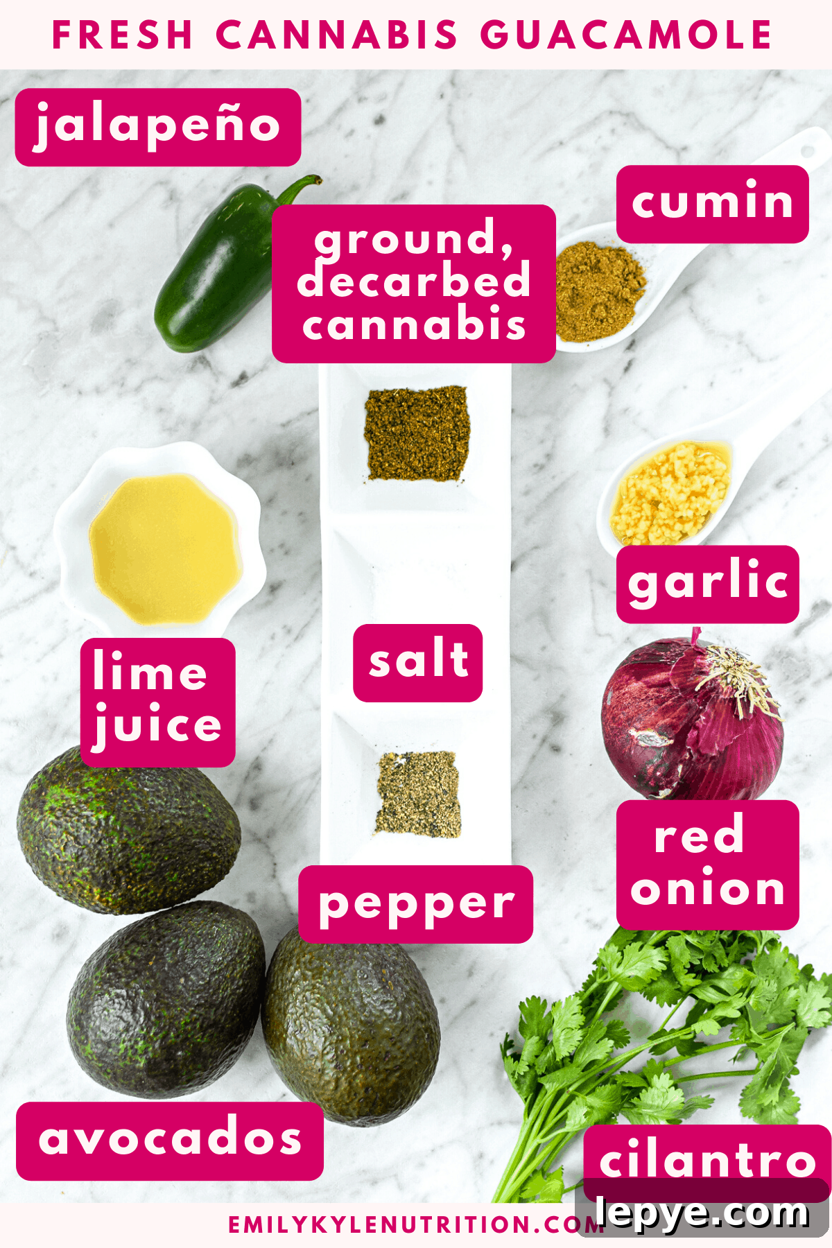 Cannabis-Infused Guacamole Recipe: Fast Homemade Pot Guac 4 A picture of ingredients listed in pink needed to make guacamole including avocado, lime juice, jalapeño