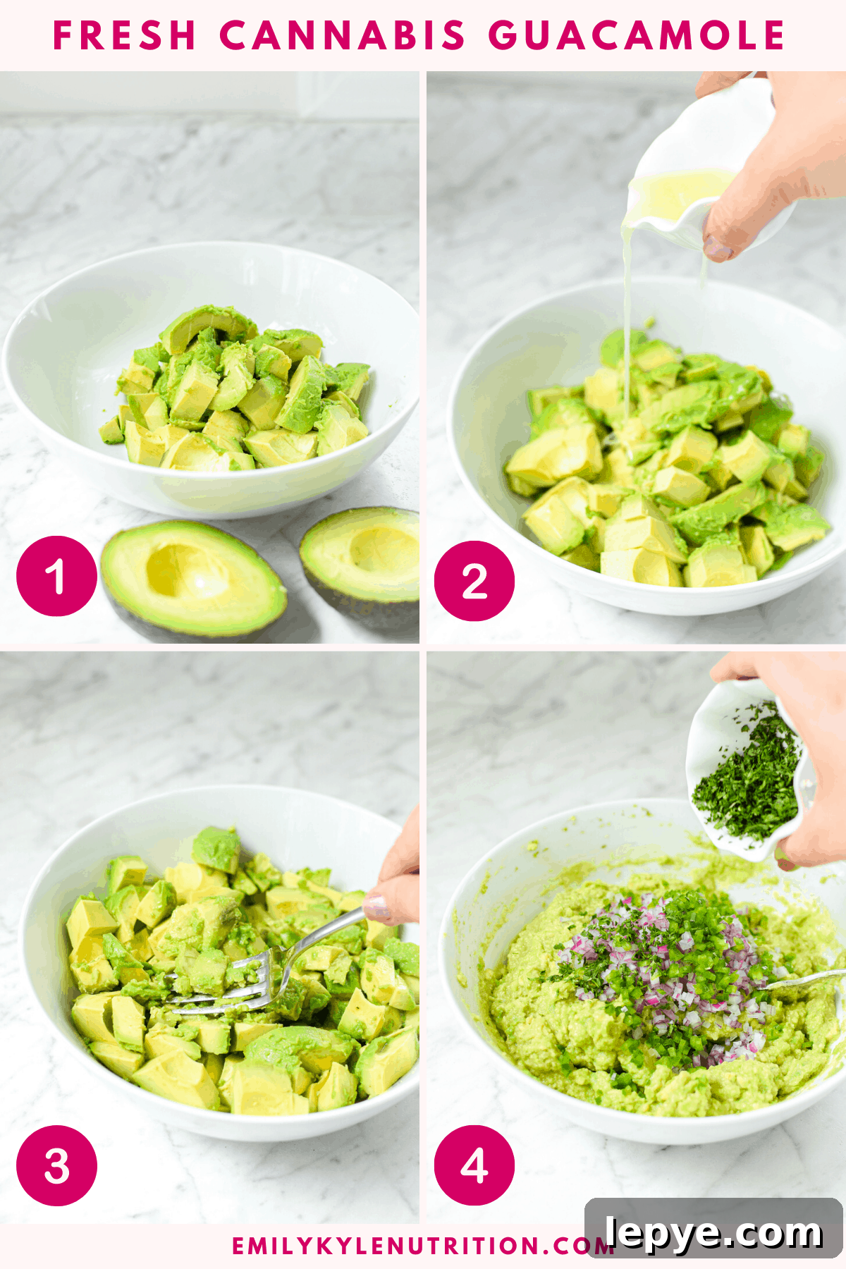 Cannabis-Infused Guacamole Recipe: Fast Homemade Pot Guac 5 Four images in a collage put together to show you how to make cannabis infused guacamole