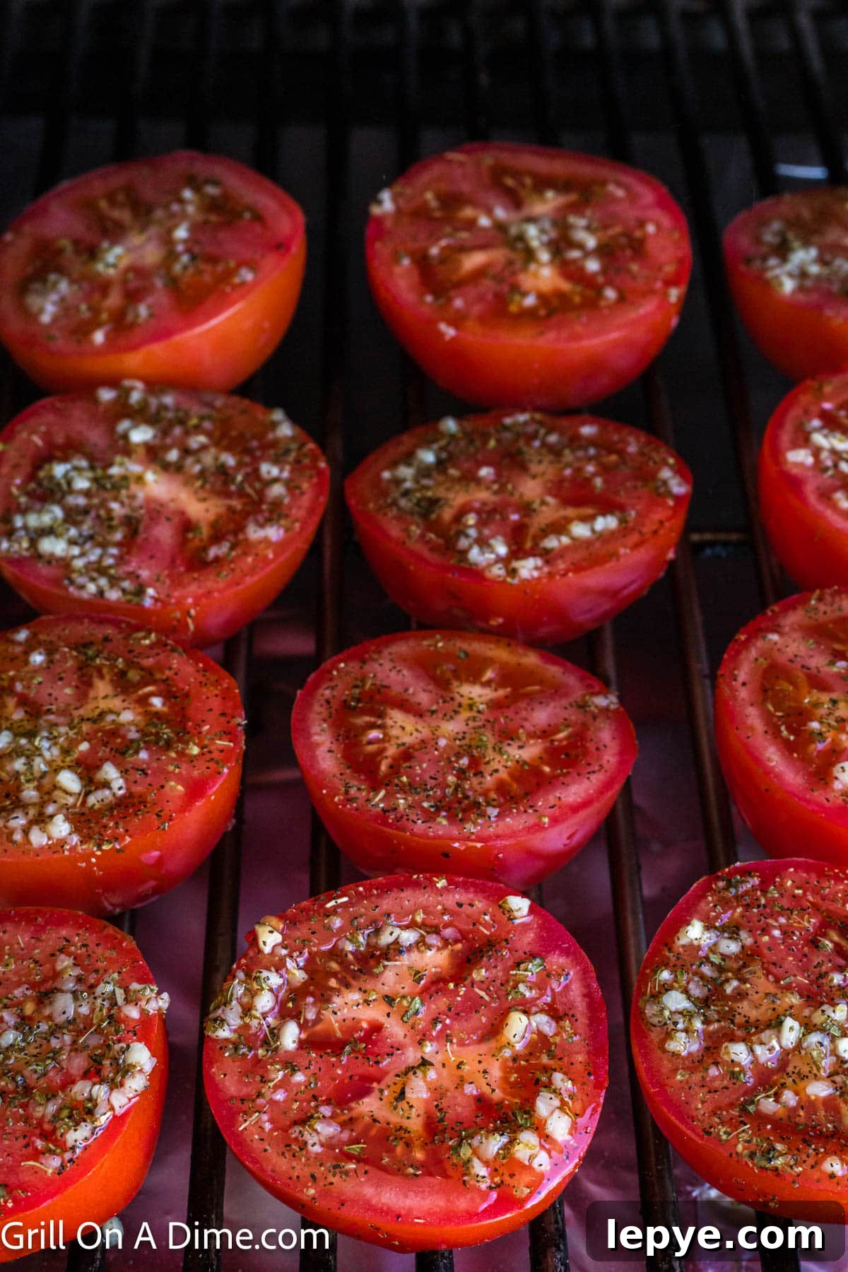 Smoked Tomato Recipe: How to Smoke Tomatoes for Rich Flavor 7 Slice tomatoes topped with oil and spices on the grill grates