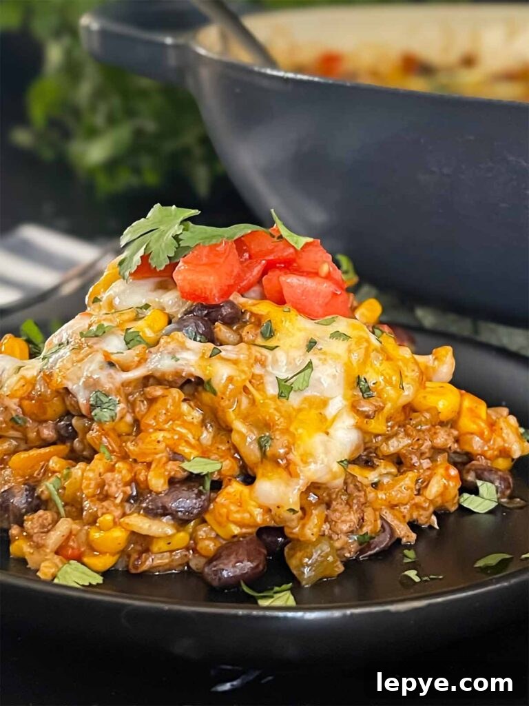 Mexican ground beef casserole with rice on a dark plate.