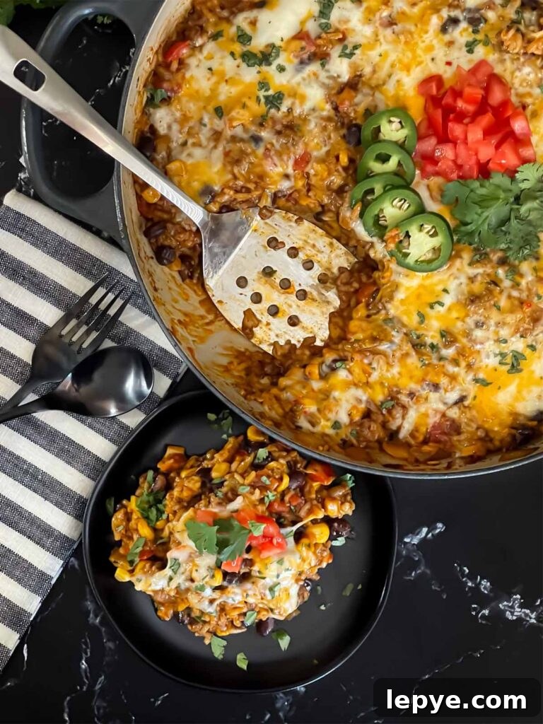 Mexican ground beef with rice with a serving on a dark plate.
