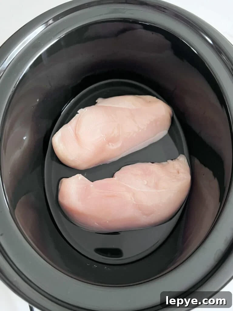 Shredded Chicken Recipes: Crockpot and Instant Pot Guide 3 Raw chicken breasts and water in the pot of a slow cooker