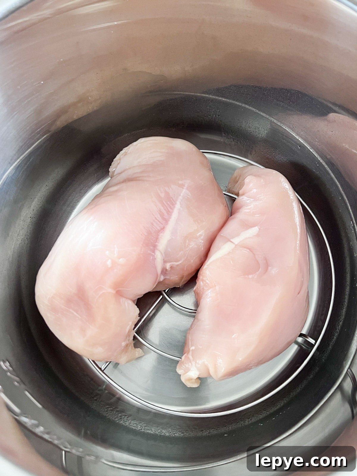 Shredded Chicken Recipes: Crockpot and Instant Pot Guide 5 Raw chicken breasts on a metal rack in an instant pot with water at the bottom.