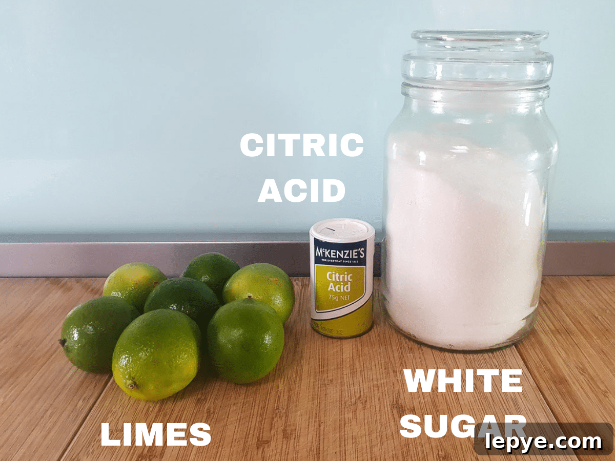 Refreshing Lime Popsicle Recipe: Homemade Citrus Ice Pops 3 Lime popsicles ingredients, fresh limes, citric acid, white sugar, water (not pictured).