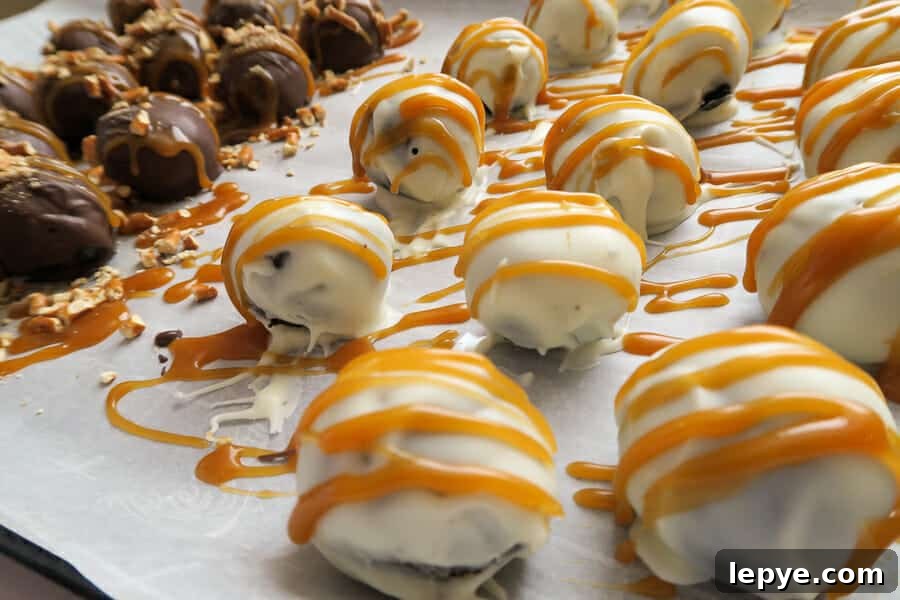 easy homemade salted caramel drizzled on pretzel oreo balls