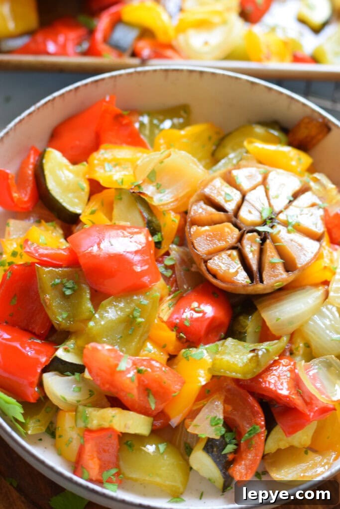 Mediterranean Sheet Pan Roasted Vegetables for Weeknight Meals 13 Close up of roasted Mediterranean vegetables.