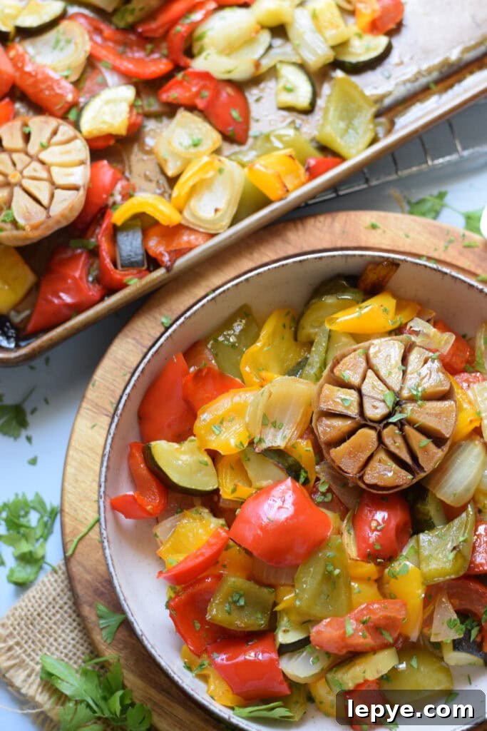 Mediterranean Sheet Pan Roasted Vegetables for Weeknight Meals 4 Sheet pan vegetables in a bowl and on a tray.