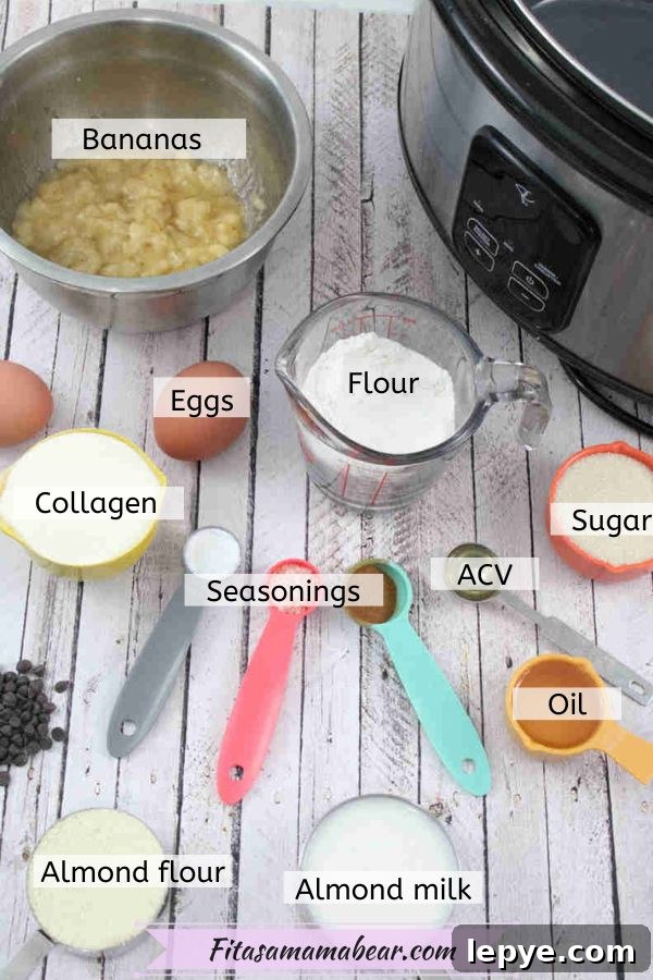 High-Protein Slow Cooker Banana Bread Recipe 3 Multiple ingredients to make slow cooker banana bread in measuring cups with text labels.