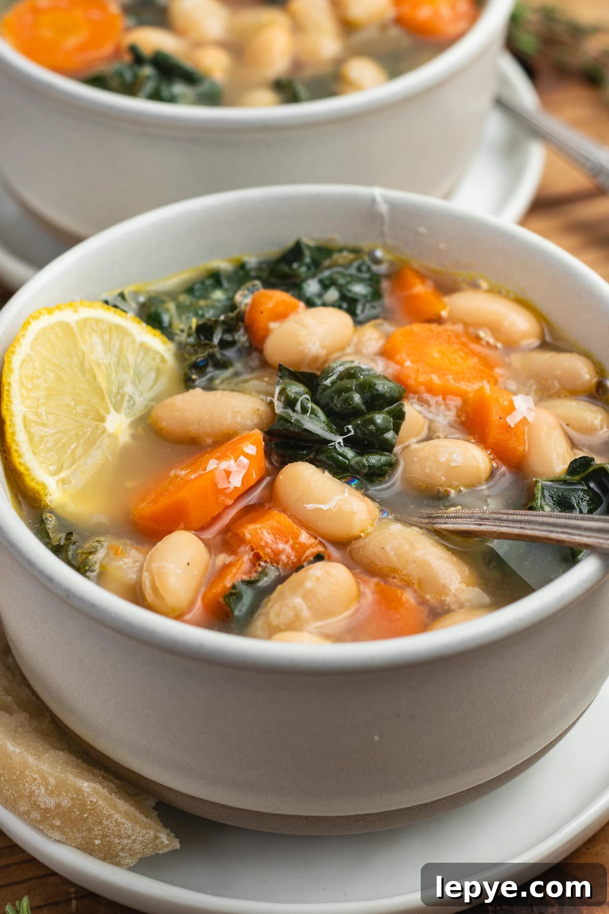 This is a picture of the lemony white bean soup in a bowl.