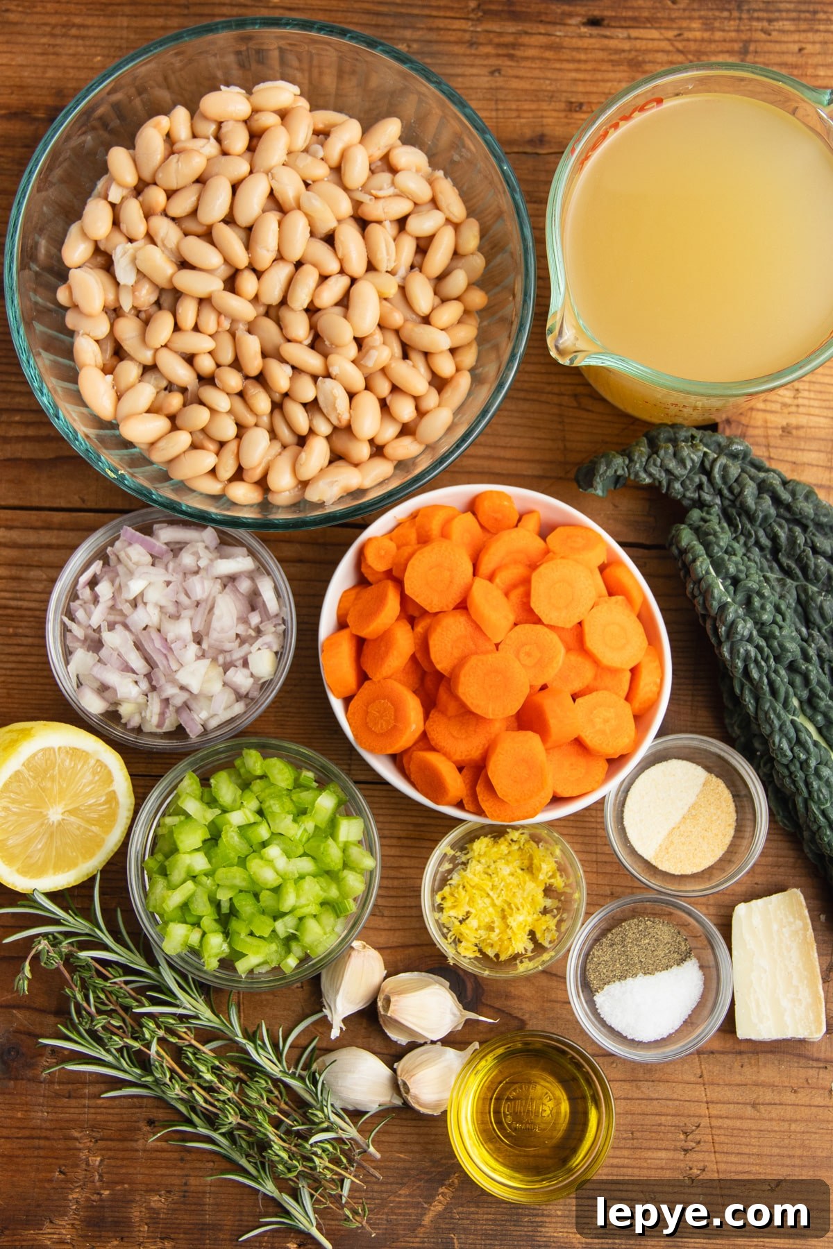 This is a picture of all the ingredients needed to make the lemony white bean soup.