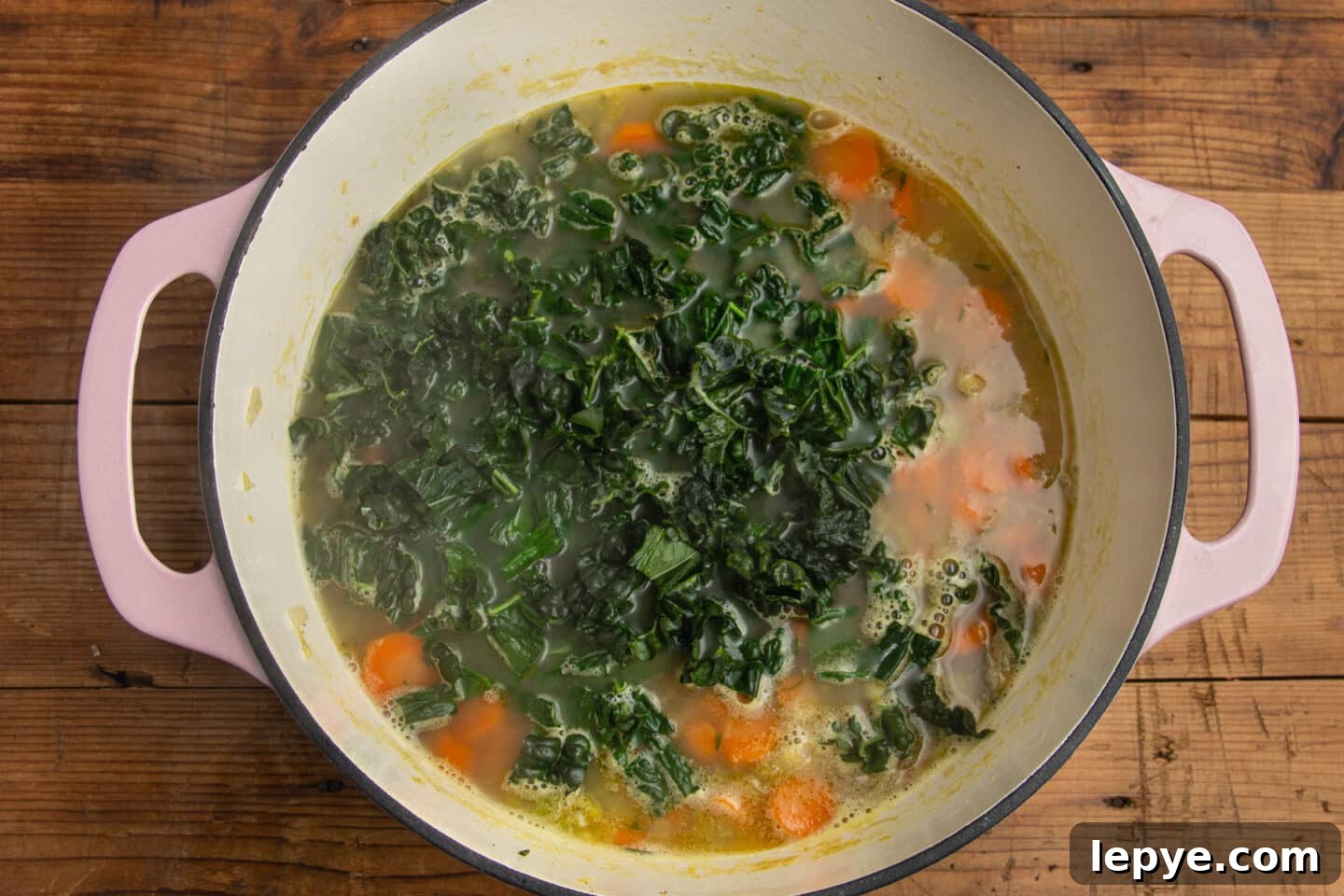 This is a picture of the large pot with the kale added.
