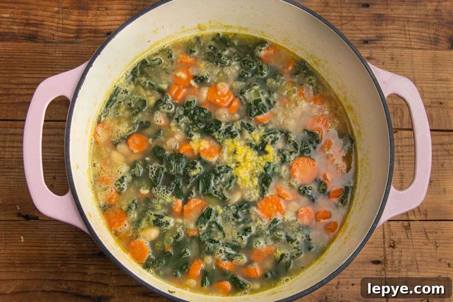This is a picture of the large pot with lemon zest and lemon juice added.