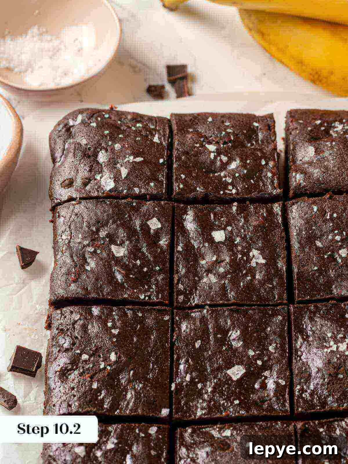 Fudgy Banana Brownies Made with Ripe Bananas 13 Sliced banana brownies ready to serve.
