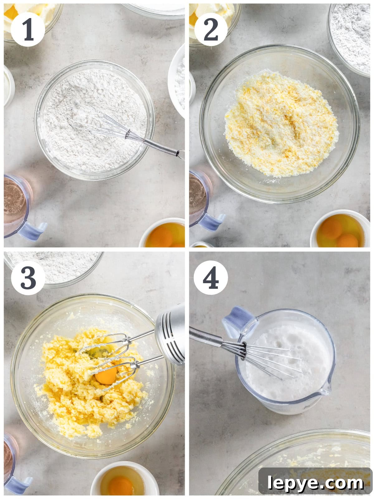 photo collage demonstrating how to make mimosa cupcakes in a mixing bowl with a hand mixer.