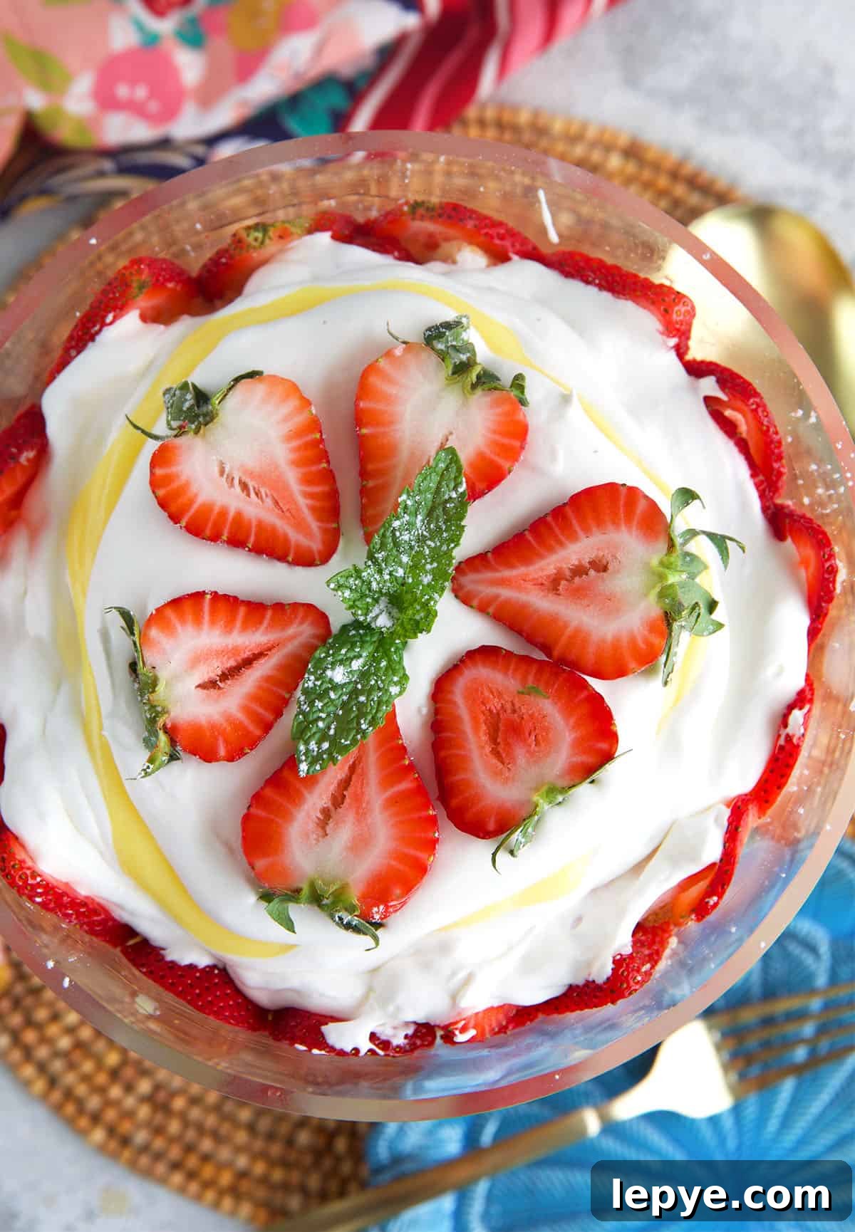 Strawberry Trifle Recipe with Layered Cream and Fresh Berries 4 Top of Strawberry Trifle bowl