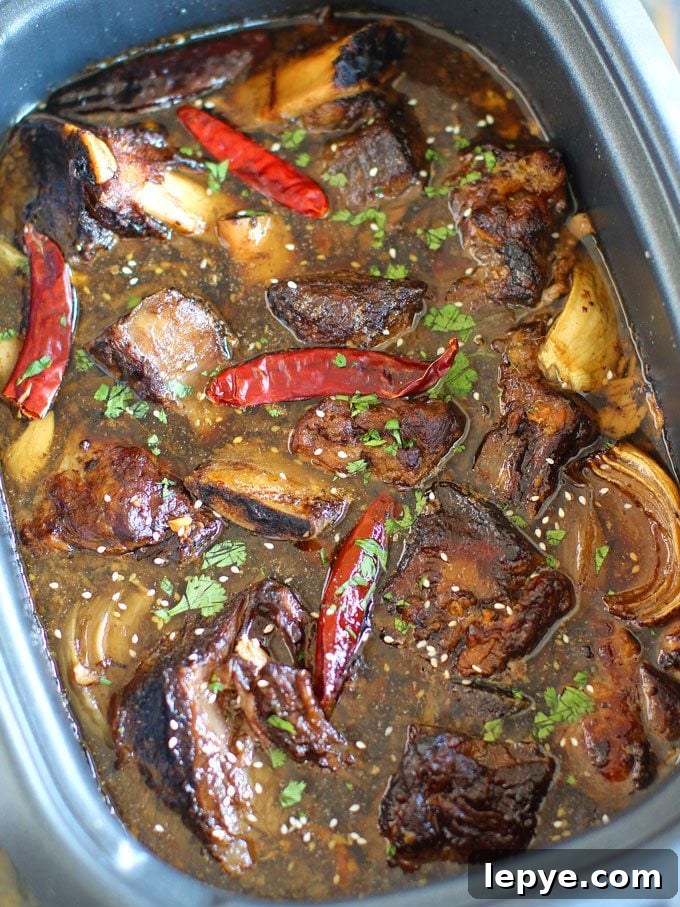Slow Cooker Asian Short Ribs with chili peppers and onions in an Asian sauce