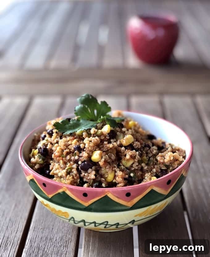 Quinoa with black beans and corn in decorative bowl topped with fresh cilantro.