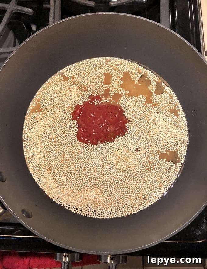 Cooking quinoa with salsa in skillet.