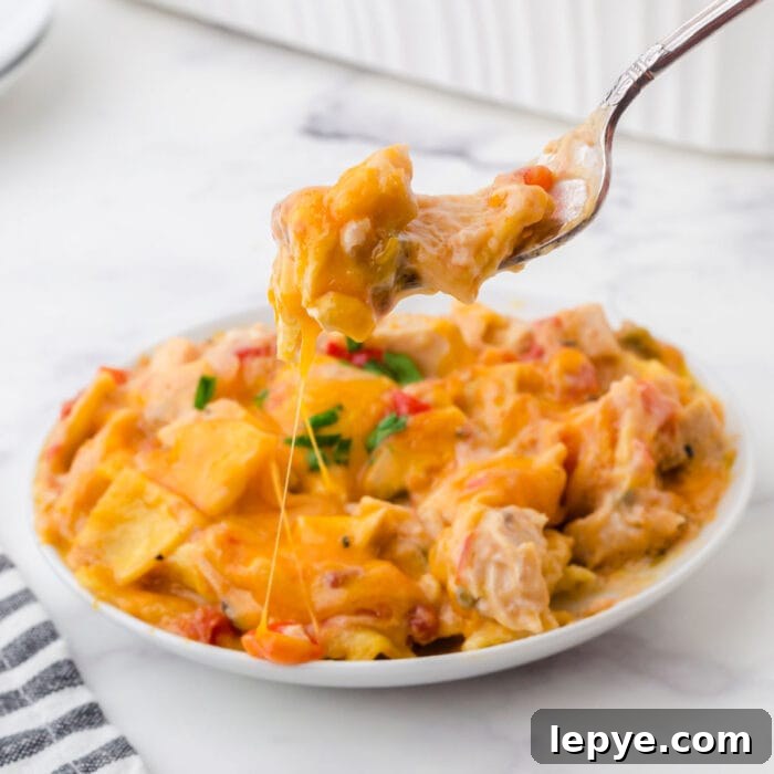 A fork lifting a scoop of the casserole. Square image for feature image.