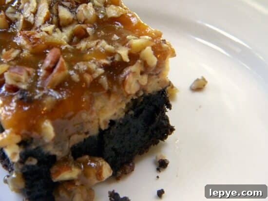 one praline cheesecake brownie. a rich brownie is covered with cheesecake then topped with pecan praline. Recipe image