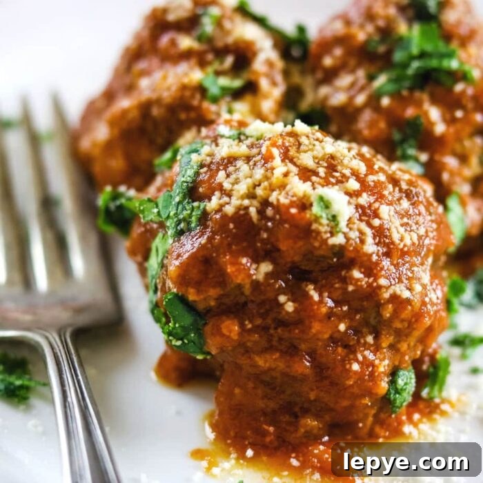 closeup image of meatballs in marinara with parmesan sprinkled on top