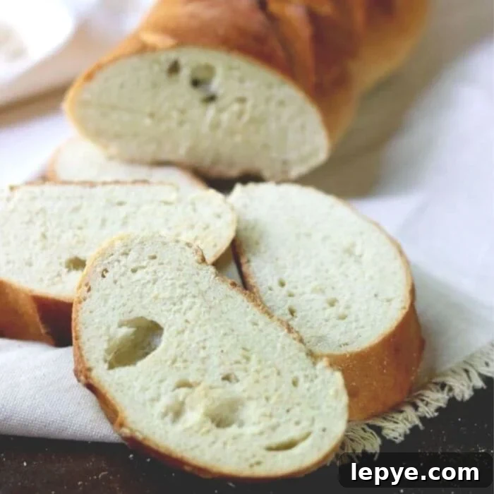 Slices of French bread on a linen cloth.