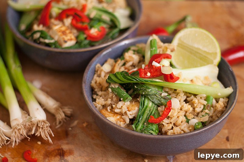 Thai fried rice with tofu beans pak choi lime and chilli
