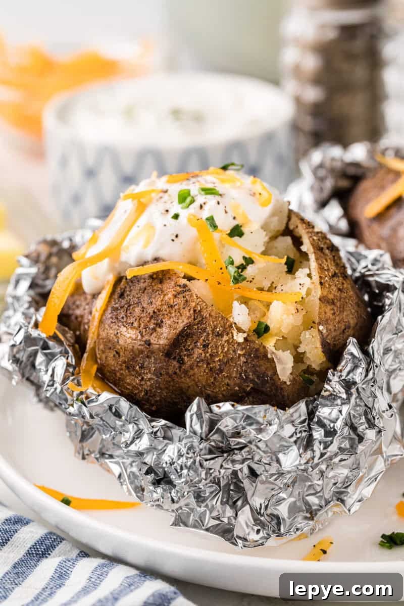 Perfect Slow Cooker Baked Potatoes: Creamy, Hands-Off Recipe 11 closeup of a baked potato topped with sour cream and cheese.