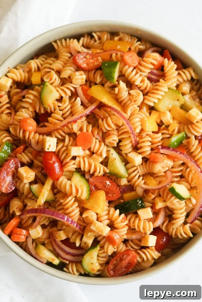 overhead shot of pasta salad with Italian dressing and salad supreme seasoning