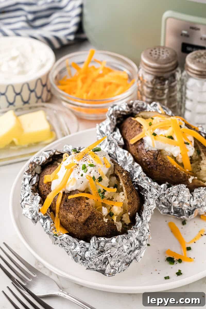 Perfect Slow Cooker Baked Potatoes: Creamy, Hands-Off Recipe 9 baked potatoes wrapped in foil on white plate topped with cheese and sour cream.