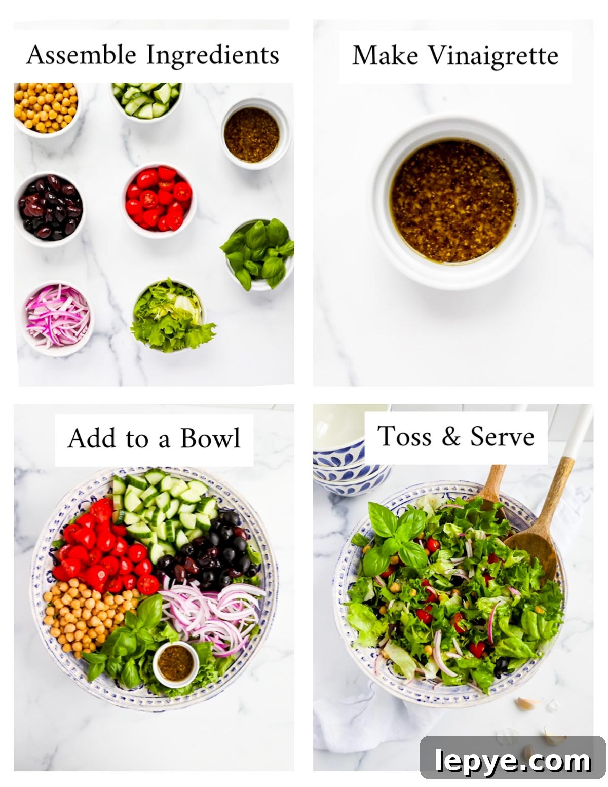 Step by step instruction for how to make a Mediterranean Salad including: assemble ingredients, make vinaigrette, add to bowl, toss and serve