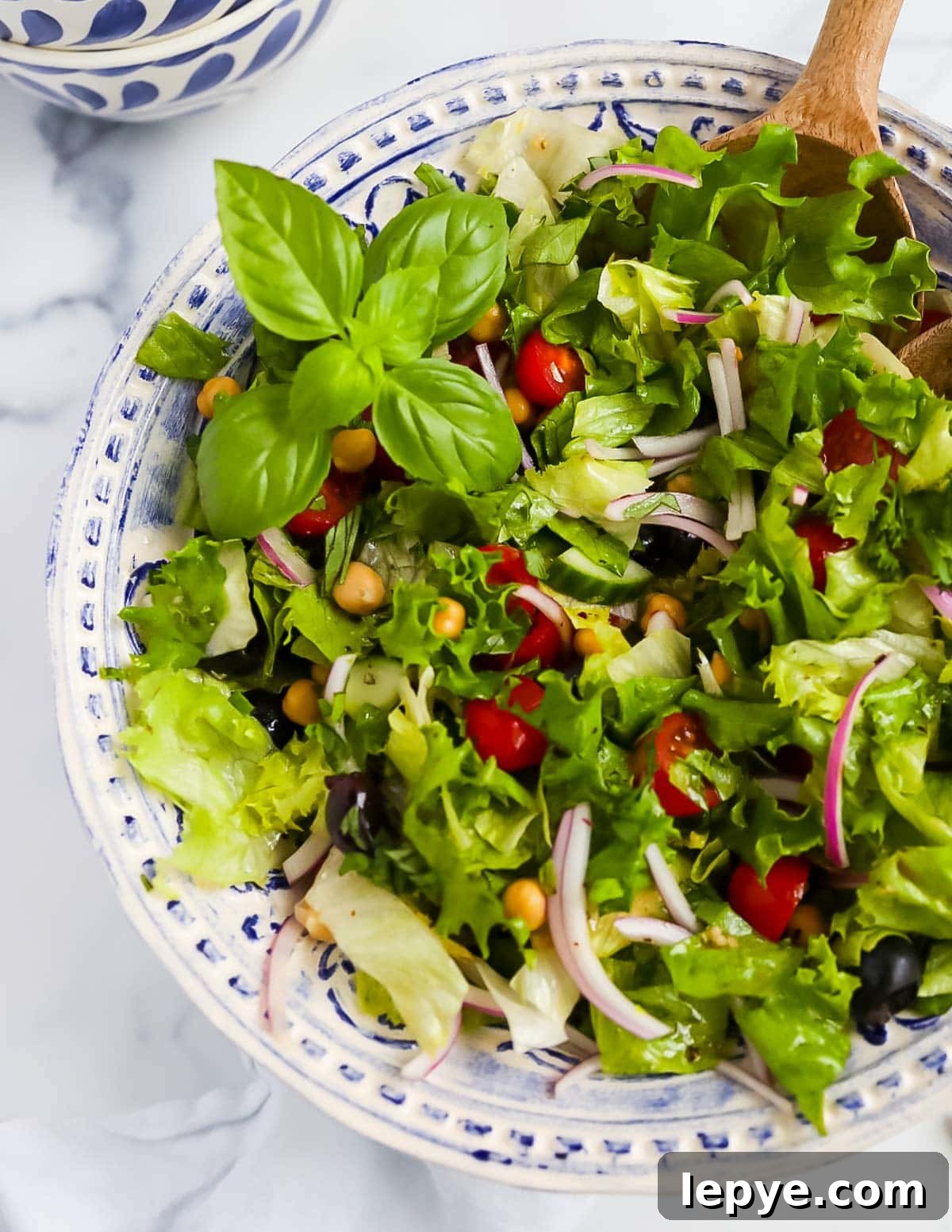A close-up picture of a salad with onion, tomatoes, lettuce, olives, cucumbers, chickpeas, and basil