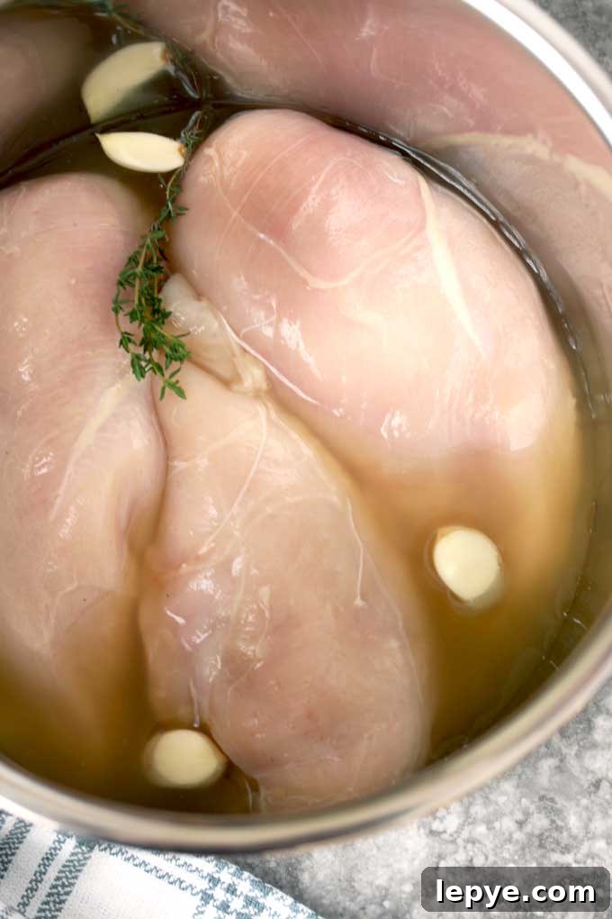 Raw chicken breasts in the instant pot with garlic cloves, fresh thyme. and broth.