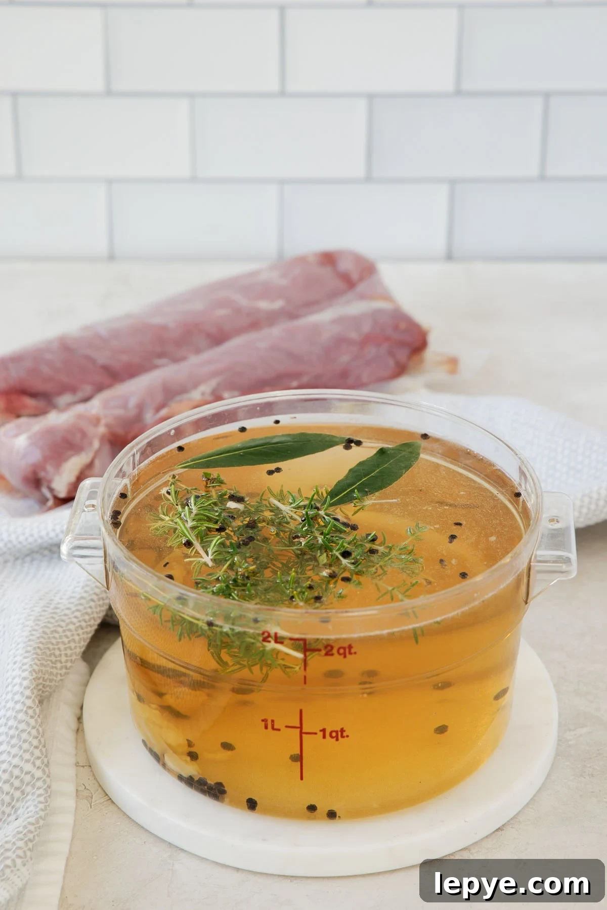 A container of clear golden pork brine with fresh herbs and crushed garlic.