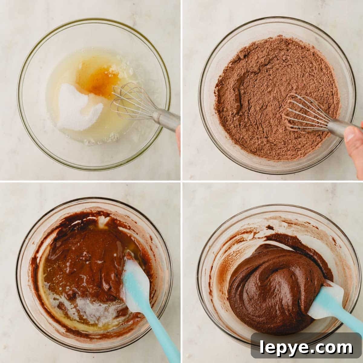 Crunchy Brownie Crisps: Chocolate Bites Recipe 5 Four images showing the process of whisking brownie crisp batter in a bowl.