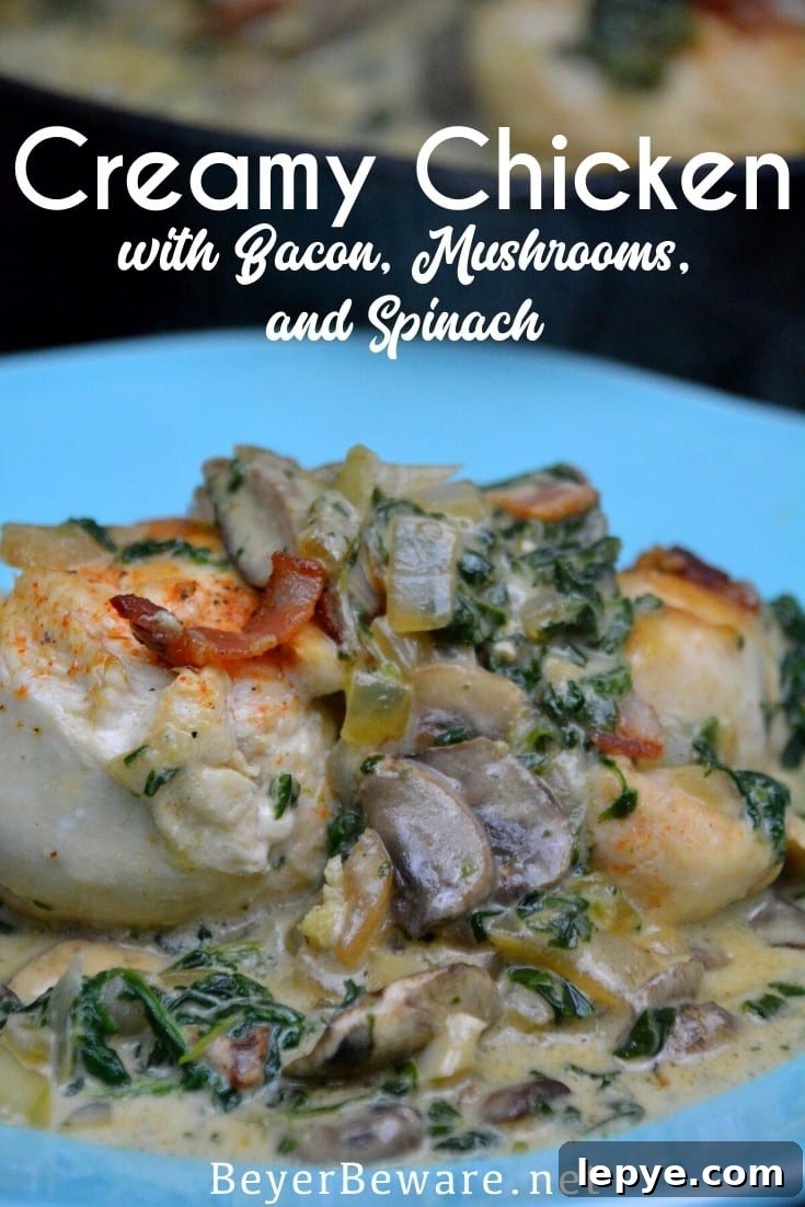 Creamy Chicken, Bacon, Mushroom & Spinach Skillet (Low-Carb) 2 Low-Carb Creamy Chicken, Bacon, Mushroom, and Spinach Skillet is the new keto Tuscan chicken recipe that is a 15-minute meal.