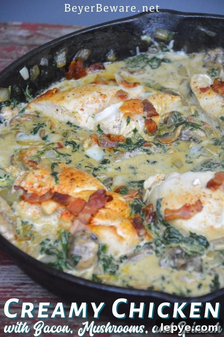 Creamy Chicken, Bacon, Mushroom & Spinach Skillet (Low-Carb) 6 Low-Carb Creamy Chicken, Bacon, Mushroom, and Spinach Skillet is the new keto Tuscan chicken recipe that is a 15-minute meal.
