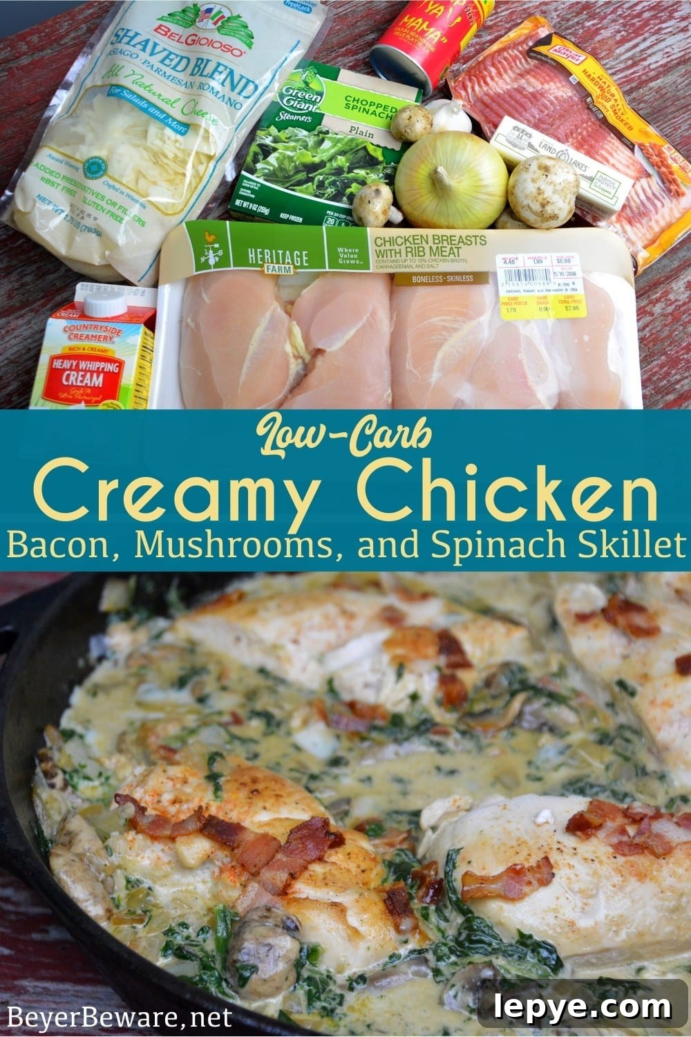 Creamy Chicken, Bacon, Mushroom & Spinach Skillet (Low-Carb) 8 Low-Carb Creamy Chicken, Bacon, Mushroom, and Spinach Skillet is the new keto Tuscan chicken recipe that is a 15-minute meal.