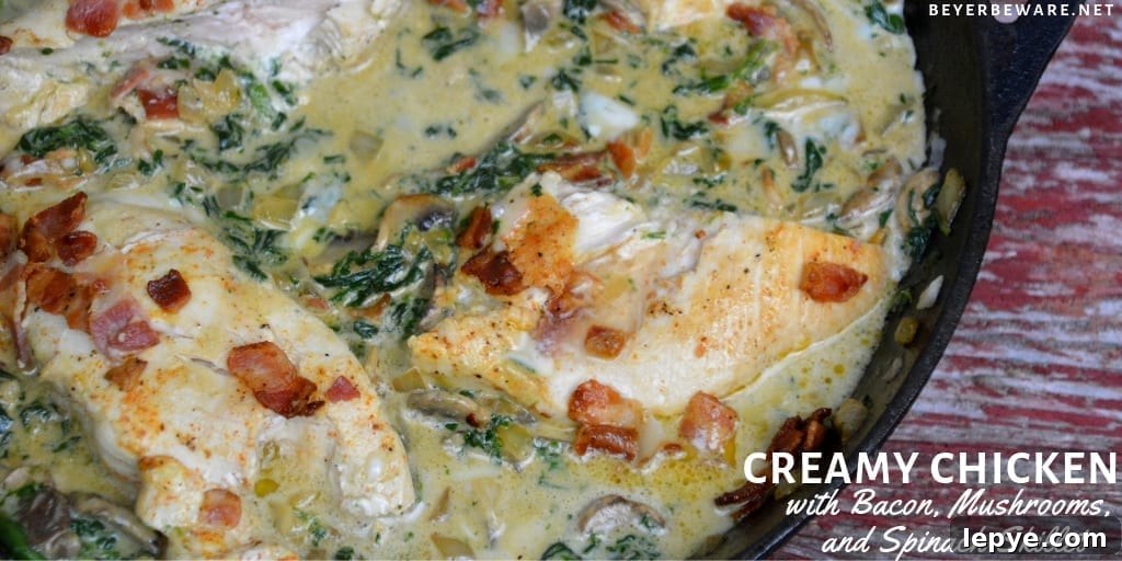 Creamy Chicken, Bacon, Mushroom & Spinach Skillet (Low-Carb) 3 Low-Carb Creamy Chicken, Bacon, Mushroom, and Spinach Skillet is the new go-to 15-minute meal I make and then enjoy for lunch throughout the week.