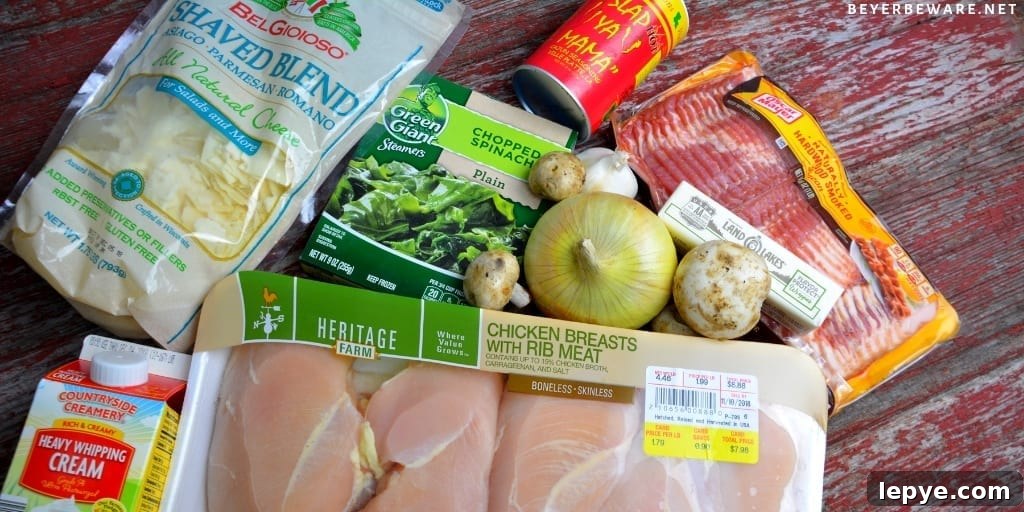 Creamy Chicken, Bacon, Mushroom & Spinach Skillet (Low-Carb) 4 Low-Carb Creamy Chicken, Bacon, Mushroom, and Spinach Skillet is the new go-to 15-minute meal I make and then enjoy for lunch throughout the week.