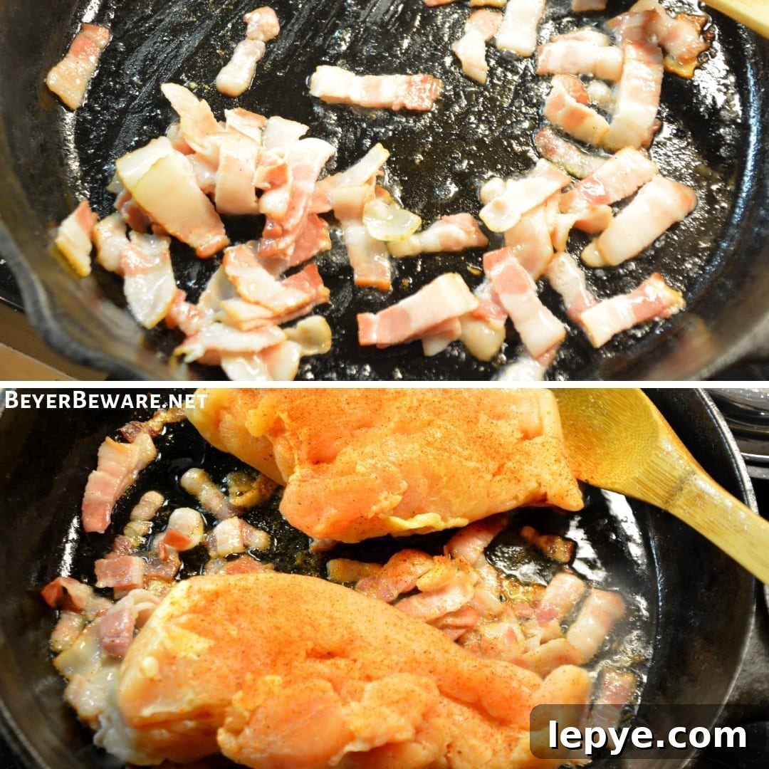 Creamy Chicken, Bacon, Mushroom & Spinach Skillet (Low-Carb) 5 Low-Carb Creamy Chicken, Bacon, Mushroom, and Spinach Skillet is the new go-to 15-minute meal I make and then enjoy for lunch throughout the week.