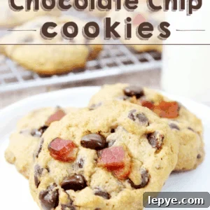 Maple Bacon Chocolate Chip Cookies stacked on a plate.