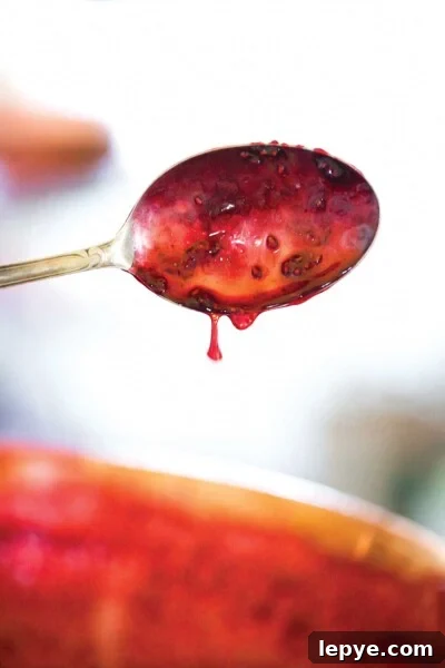A spoon with raspberry jam dripping off of it.